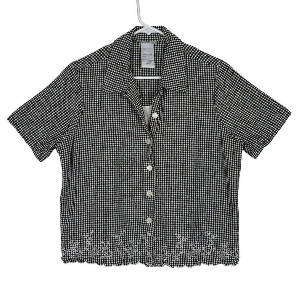Vintage Gingham Button Down Blouse Black White Embroidered Linen Blend Women M
